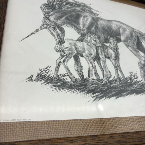 Vintage M. Pena Print Unicorn and Babies Foals Sparkles Circa 1981 Black & White - Picture 2 of 7